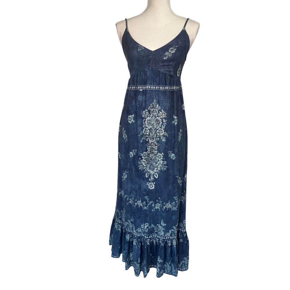Secret Mission indigo blue midi prairie dress v neck 100% cotton women’s sz S